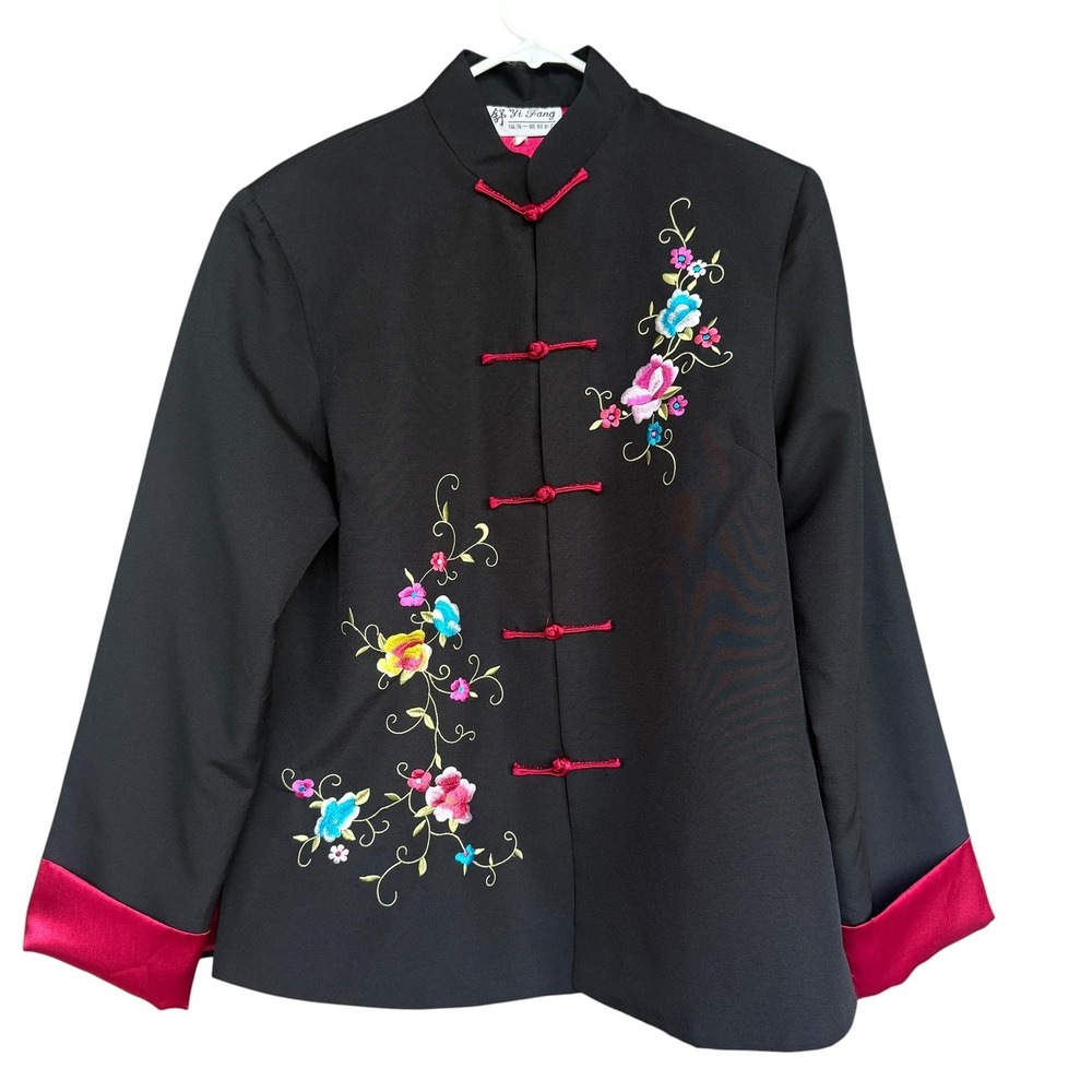 Yi Fang Jacket Womens Large Black Floral Embroidered Mandarin Collar Frog Button